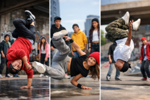 Breakdance Kurs für Jugendliche in Berlin: Gemeinsames Üben von Footwork und Toprocks im Tanzstudio.