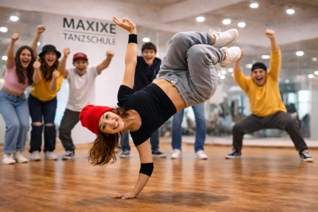 Breakdance Akrobatik für Teens: Ein Tänzer zeigt einen Powermove im Breaking-Unterricht bei MAXIXE