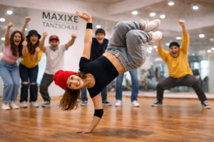 Breakdance Akrobatik für Teens: Ein Tänzer zeigt einen Powermove im Breaking-Unterricht bei MAXIXE
