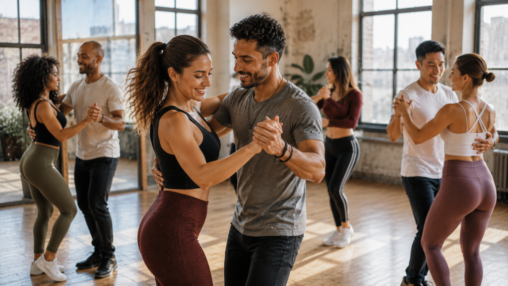 KI-generiert mit OpenAI: Salsa lernen in Berlin Kreuzberg. Tanzpaare der Tanzschule MAXIXE üben einen neuen Move