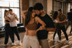 KI-generiert mit OpenAI: Die Tänzer üben sportliche Bewegungen zu Bachata Musik